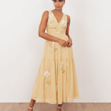 Maya Buttercream Floral Embellished V Neck Midaxi Dress with Split