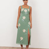 Maya Dark Sage Green Floral Embellished Square Neck Midaxi Dress with Split