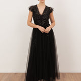 Maya Black Embellished Tulle Maxi Dress with Open Back