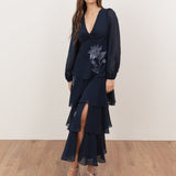Maya Navy Floral Embellished Twist-Front Maxi Sleeve Tiered Midaxi Dress