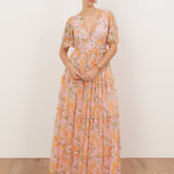 Anaya With Love Recycled Pink Floral & Sequin V Neck Frill Maxi Dress