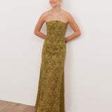 Anaya With Love Recycled Golden Olive Floral Burnout Bandeau Maxi Dress