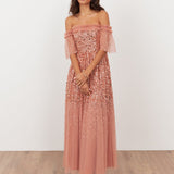 Maya Terracotta Pink Embellished Bardot Midaxi Dress