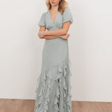 Anaya With Love Recycled Cloud Blue Short Sleeve V Neck Ruffle Maxi Dress