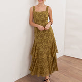 Anaya With Love Recycled Golden Olive Floral Burnout Square Neck Tiered Midaxi Dress