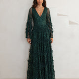 Maya Emerald Fully Embellished Maxi Dress with Frill Detail