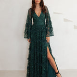 Maya Emerald Fully Embellished Maxi Dress with Frill Detail