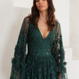 Maya Emerald Fully Embellished Maxi Dress with Frill Detail