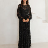 Maya Black Fully Embellished Maxi Sleeve Round Neck Maxi Dress