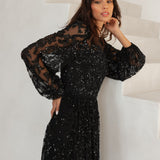 Maya Black Fully Embellished Maxi Sleeve Round Neck Maxi Dress
