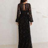 Maya Black Fully Embellished Maxi Sleeve Round Neck Maxi Dress