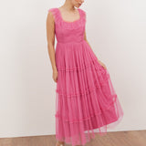 Anaya With Love Recycled Pink Ruffle Square Neck Tulle Midaxi Dress