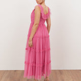 Anaya With Love Recycled Pink Ruffle Square Neck Tulle Midaxi Dress