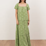 Anaya With Love Recycled Green Tea Floral burnout Short Sleeve Tiered Maxi Dress
