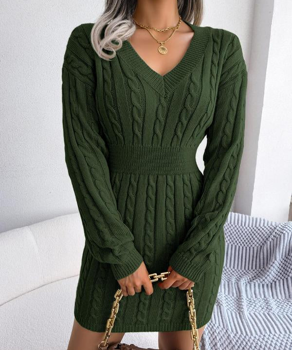 HOLLY™ - Cozy Long Sleeve V-Neck Cable Knit Sweater Dress