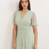 Anaya With Love Recycled Soft Sage V Neck Ruffle Maxi Dress