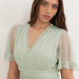 Anaya With Love Recycled Soft Sage V Neck Ruffle Maxi Dress