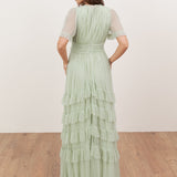 Anaya With Love Recycled Soft Sage V Neck Ruffle Maxi Dress
