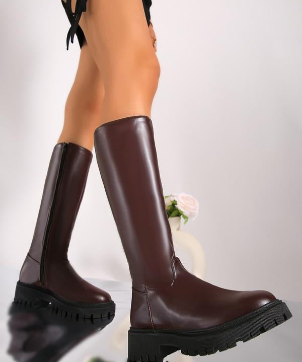 MINDA™ - Knee-High Motorcycle Boots for Women Smooth PU Leather Zipper Boots