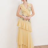 Maya Buttercream Embellished Asymmetric Ruffle Maxi Dress