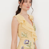 Maya Buttercream Embellished Asymmetric Ruffle Maxi Dress