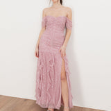Maya Fully Embellished Bardot Maxi Dress with Waterfall Ruffles