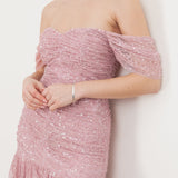 Maya Fully Embellished Bardot Maxi Dress with Waterfall Ruffles
