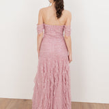 Maya Fully Embellished Bardot Maxi Dress with Waterfall Ruffles