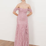 Maya Fully Embellished Bardot Maxi Dress with Waterfall Ruffles