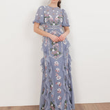Maya Wisteria Blue Embellished Short Sleeve Ruffle Maxi Dress