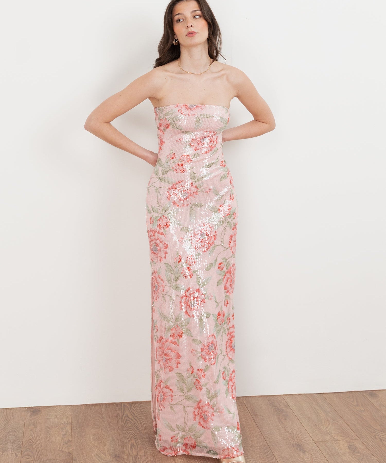 Maya Floral Printed Sequin Bandeau Maxi Dress