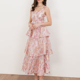 Maya Pink Floral Jacquard Square Neck Tiered Midi Dress