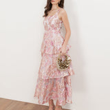 Maya Pink Floral Jacquard Square Neck Tiered Midi Dress
