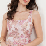 Maya Pink Floral Jacquard Square Neck Tiered Midi Dress