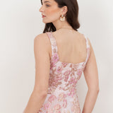 Maya Pink Floral Jacquard Square Neck Tiered Midi Dress
