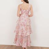 Maya Pink Floral Jacquard Square Neck Tiered Midi Dress