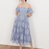 Maya Wisteria Blue Bardot Puff Short Sleeve Lace Midi Dress