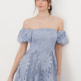 Maya Wisteria Blue Bardot Puff Short Sleeve Lace Midi Dress