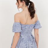 Maya Wisteria Blue Bardot Puff Short Sleeve Lace Midi Dress