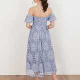 Maya Wisteria Blue Bardot Puff Short Sleeve Lace Midi Dress