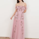 Maya Soft Pink Floral Embellished Bardot Maxi Dress