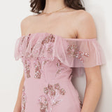 Maya Soft Pink Floral Embellished Bardot Maxi Dress