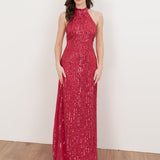 Maya Hot Pink Linear Embellishment Halter Neck Maxi Dress