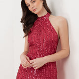 Maya Hot Pink Linear Embellishment Halter Neck Maxi Dress