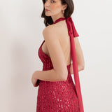 Maya Hot Pink Linear Embellishment Halter Neck Maxi Dress