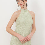 Maya Meadow Green Linear Embellishment Halter Neck Maxi Dress