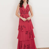 Maya Hot Pink Floral Embellished Tiered Maxi Dress with Tie Back