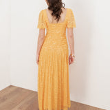 Maya Sunflower Yellow Square Neck Angel Sleeve Lace Midaxi Dress