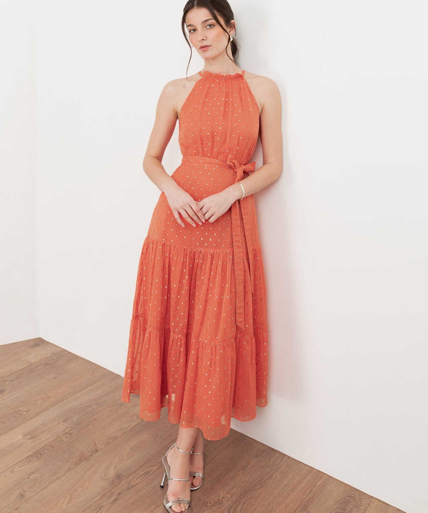 Anaya With Love Recycled Coral Halter Neck Tiered Midi Dress