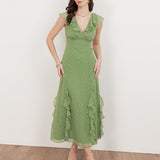 Anaya With Love Recycled Green Tea V Neck Ruffle Midaxi Dress